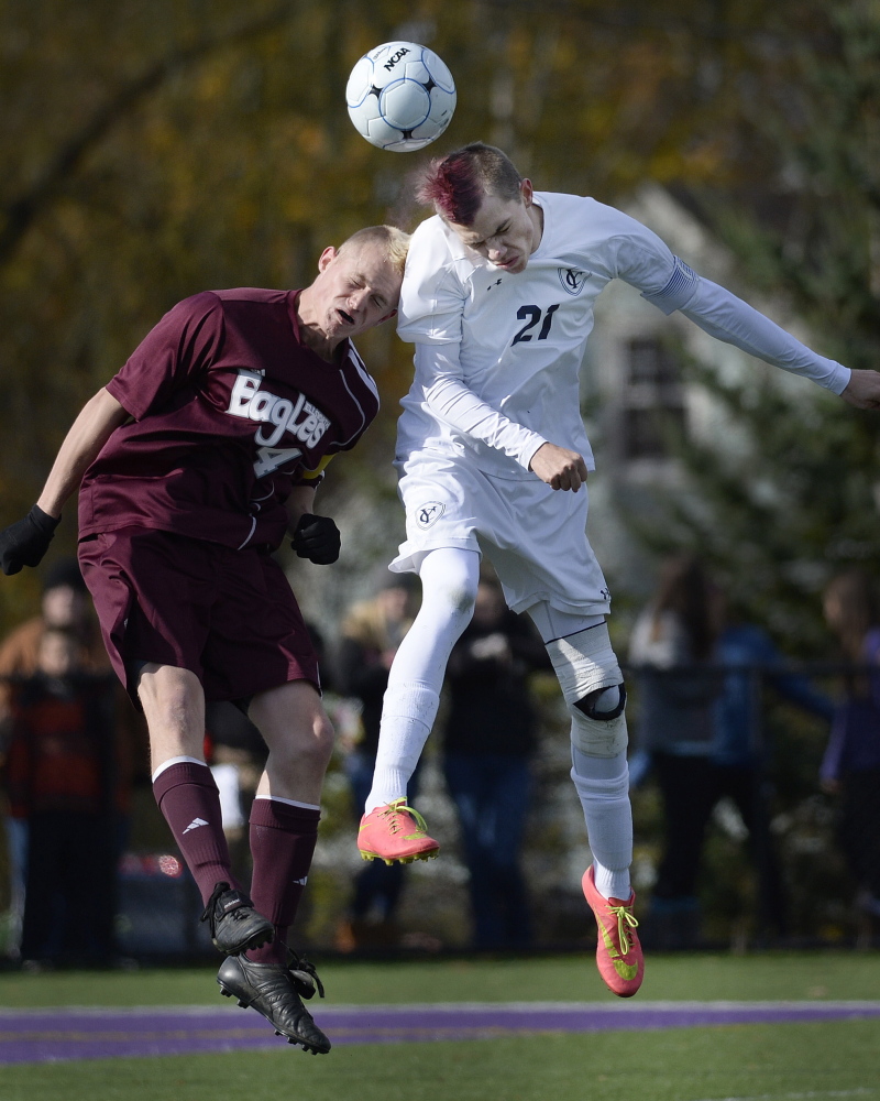 Adam LaBrie, right, playing in the state-final victory over Ellsworth, more than doubled his goal total of a year ago. He will play at Thomas College.