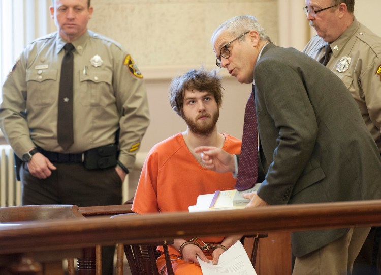 Dana Craney talks with his attorney Walter Hanstein before his initial appearance in Franklin County Superior Court in Farmington on Monday. Craney is charged with killing his grandmother Joanne Goudreau of Weld.
