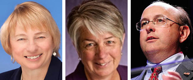 Maine's secretary of state, now Matthew Dunlap, right, would be replaced by a lieutenant governor, under Gov. LePage's proposal. The attorney general, now Janet Mills, left, and treasurer, now Terry Hayes, center, would be chosen by the governor rather than the Legislature.