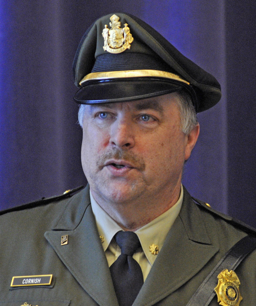 Newly promoted Marine Patrol Col. Jon Cornish speaks during a change of command ceremony Friday at the Maine Criminal Justice Academy in Vassalboro.