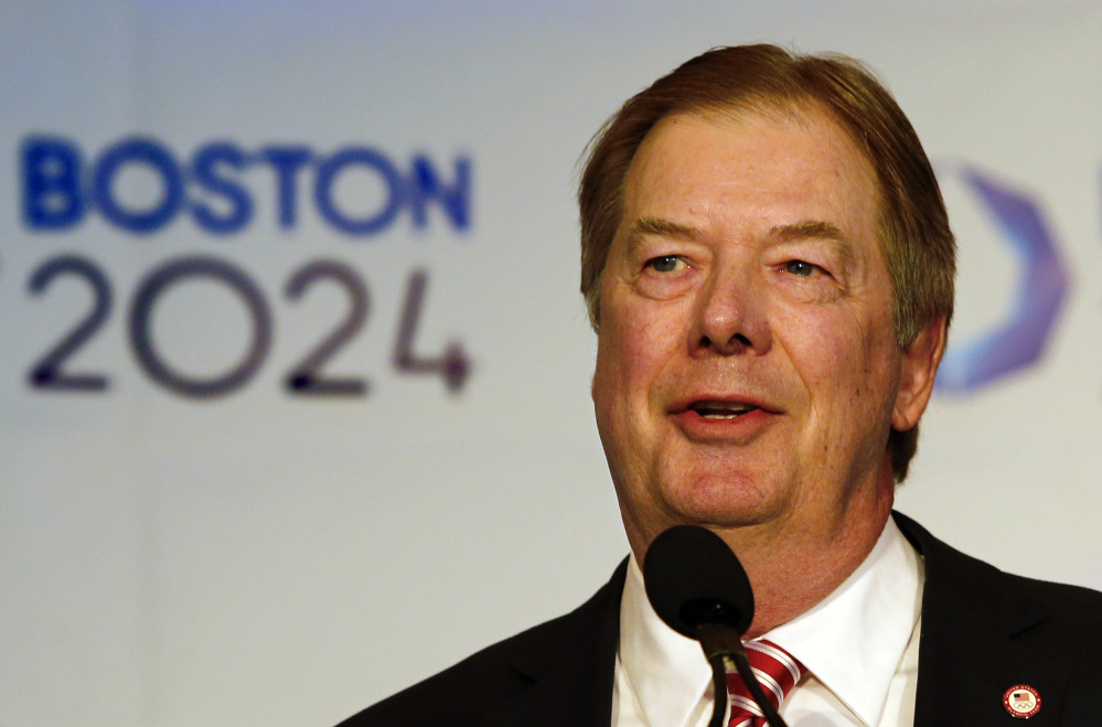 U.S. Olympic Committee board Chairman Larry Probst speaks Friday in Boston about the city’s Olympics bid. Tourism representatives believe Maine could see many benefits if Boston is chosen.