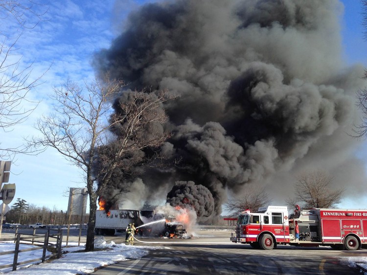 A truck fire Friday at the mile 25 rest area on the Maine Turnpike caused delays for commuters at the service station. Charlie Gaylord photo