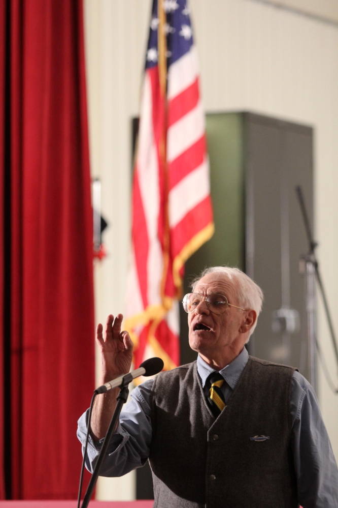 Bill Hinderer of Peaks Island recites his story “Valentine’s Day,” about his experience on Feb. 14, 1969, while serving with the Army in Vietnam. 