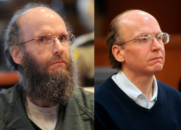 Christopher Knight appears at Kennebec County Superior Court, left, on Aug. 20, 2014, to enter pleas for multiple burglaries and thefts while living in the woods of Rome for 27 years and, right, during his graduation from the Co-Occurring Disorders Court on May 23, 2015. 