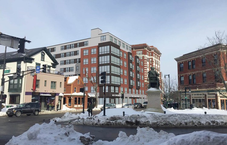 An architect’s rendering of a proposed $20 million, 132-unit apartment building at 665 Congress St. In this view, Longfellow Square is in the foreground.