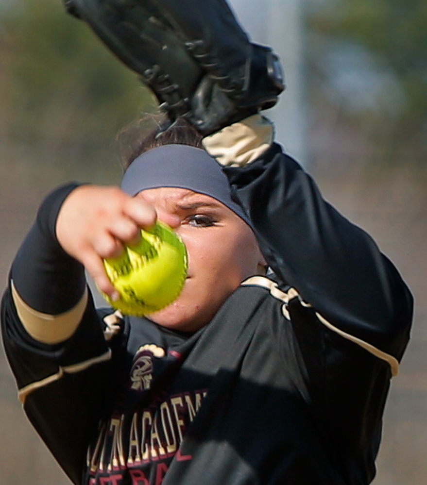 Thornton Academy starting pitcher Bailey Tremblay delivers a pitch against Scarborough in a rematch of last year’s Western A final Monday in Scarborough. The Red Storm won 4-3.