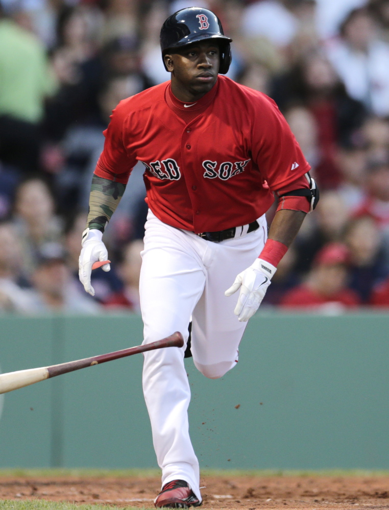 Rusney Castillo made his season debut for the Boston Red Sox on Friday after getting called up from Triple-A Pawtucket, but his arrival didn’t help. Castillo was 1 for 4 at the plate and dropped a fly ball during a nine-run fifth inning that carried the Angels to a 12-5 win.