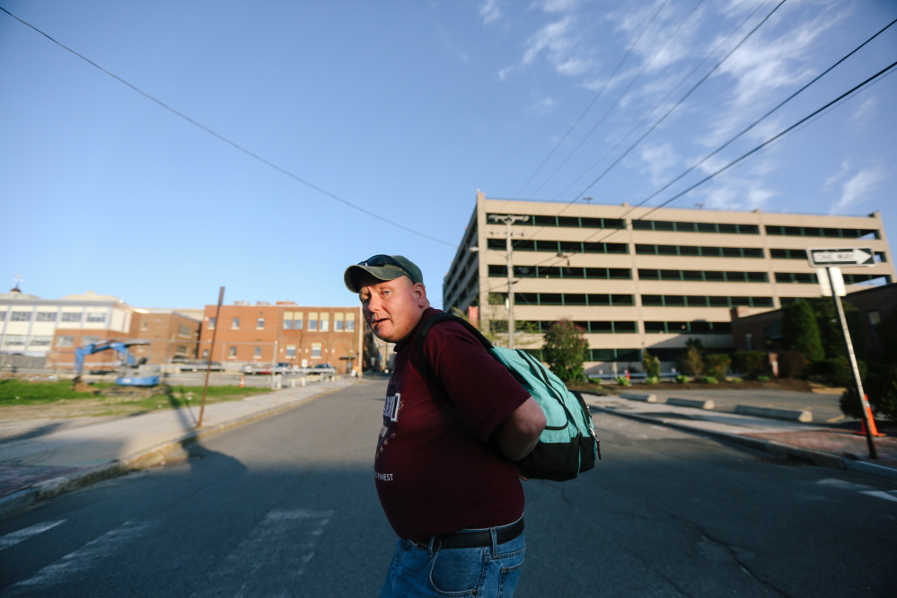 A convicted sex offender, Sumner Swett, 38, says he came to Portland because there was no room in Bangor’s shelter. After Swett’s psychiatric treatment, Acadia Hospital paid his way to Portland to find shelter.
Whitney Hayward/Staff Photographer