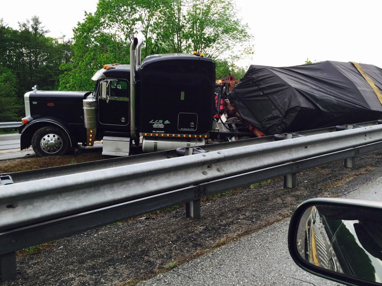 Police say this tractor trailer went off Interstate 295 into the median in Falmouth on Thursday afternoon, starting a major traffic jam in both directions.
Tom Bell/Staff Writer