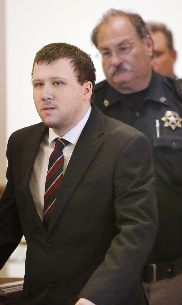 ALFRED, ME - JUNE 10: Derek Poulin enters York County Superior Court in Alfred after a recess as the court heard motions before the opening his trial on Wednesday, June 10, 2015. Poulin is accused of bludgeoning and stabbing his grandmother to death and then setting her Old Orchard Beach home on fire in 2012. (Photo by Gregory Rec/Staff Photographer)