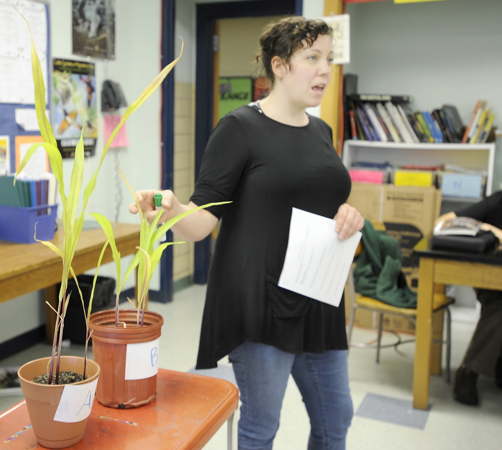 Catherine Bursk asks her seventh-graders at King Middle School to guess which soybean plant was genetically modified.