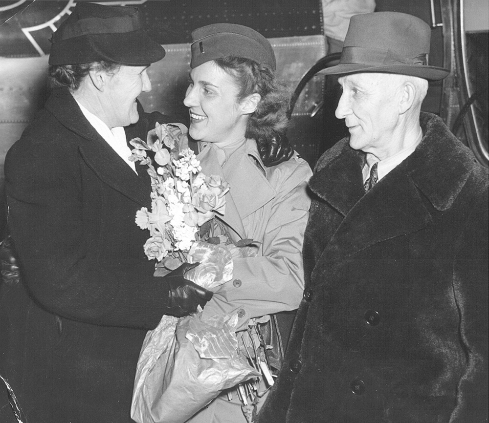 Lt. Alice M. Zwicker reunites with her parents in March 1945 in Bangor.