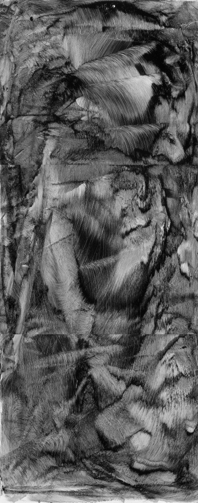 “Vertical Landscape,” black ink on glass cliché verre, 2015