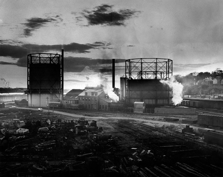 Sunset at the Portland Gas Light Co. complex on West Commercial Street, Portland, on Feb. 19, 1956.