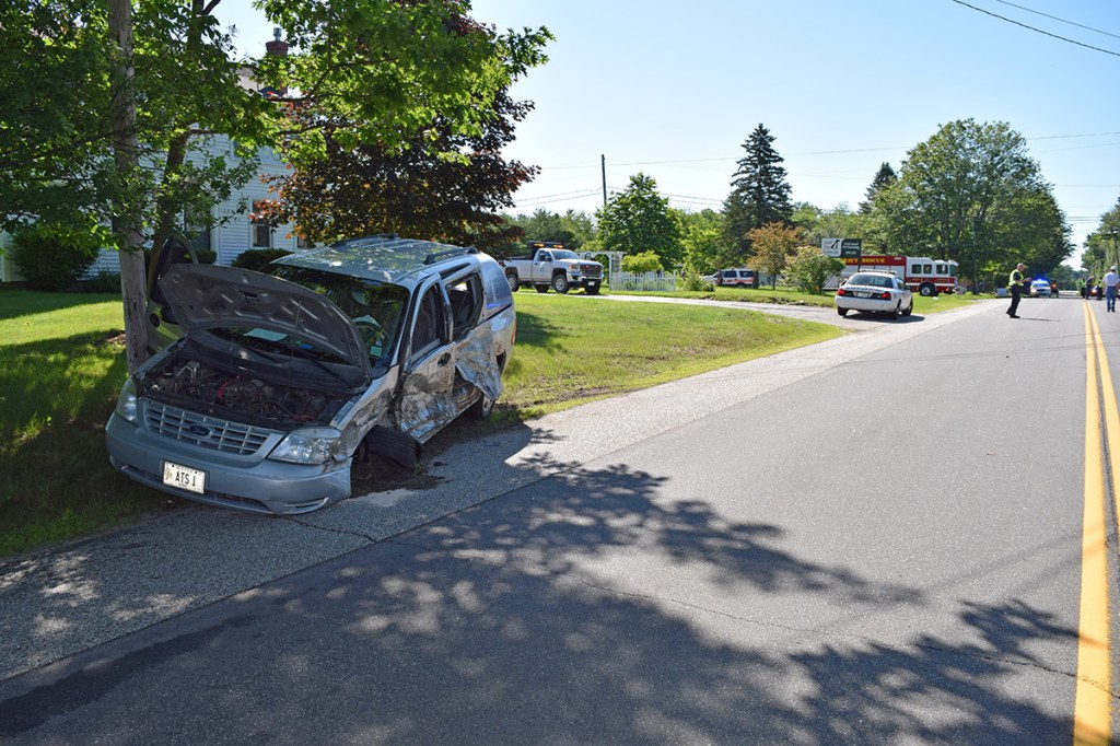 Police say the crash occurred when this van operated by Alex Julien crossed the centerline near Farmington Road and collided with the dump truck. Gorham Police Department photo