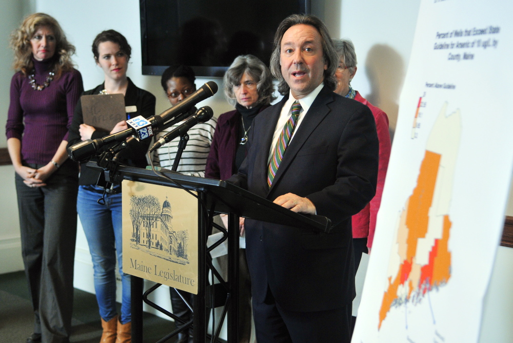 Rep. Drew Gattine, D-Westbrook, speaks at a news conference about his arsenic bill in this April file photo.