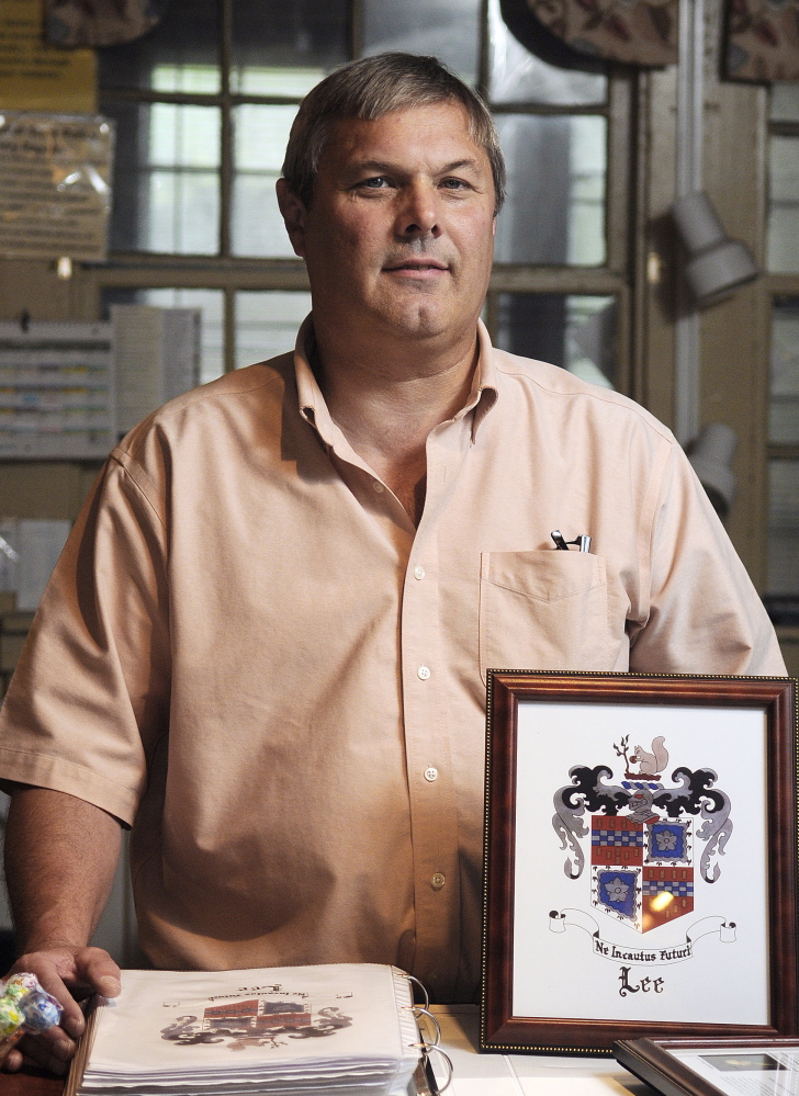 Jack Turner, who is a descendant of one of the signers of the Declaration of Independence, at his Hallowell shop on Wednesday.