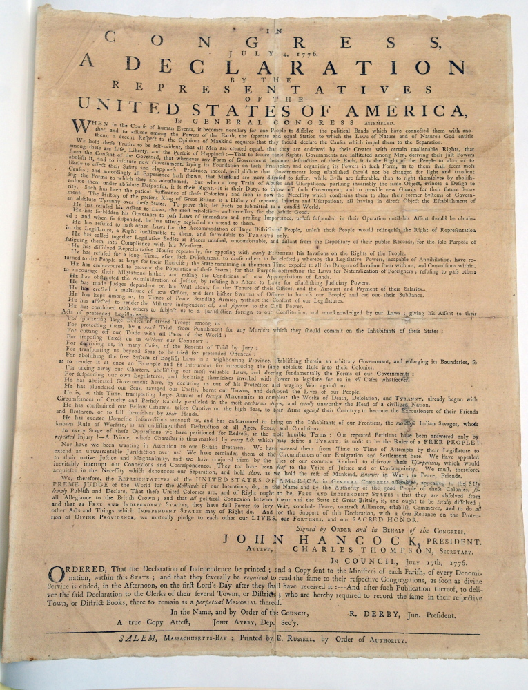 A copy of the Declaration of Independence will be on display at Hallowell’s City Hall on Friday and Saturday.