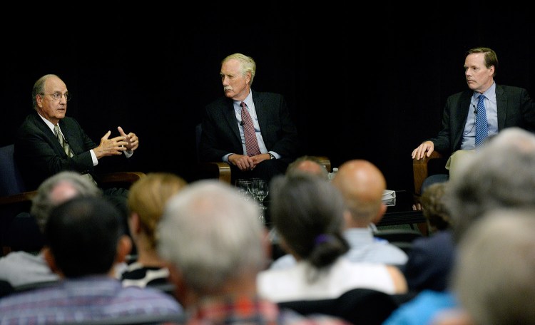 Left to right, former U.S. Sen. George Mitchell, U.S. Sen. Angus King and former Ambassador Nicholas Burns discuss the Iran nuclear deal at the University of Southern Maine on Wednesday.