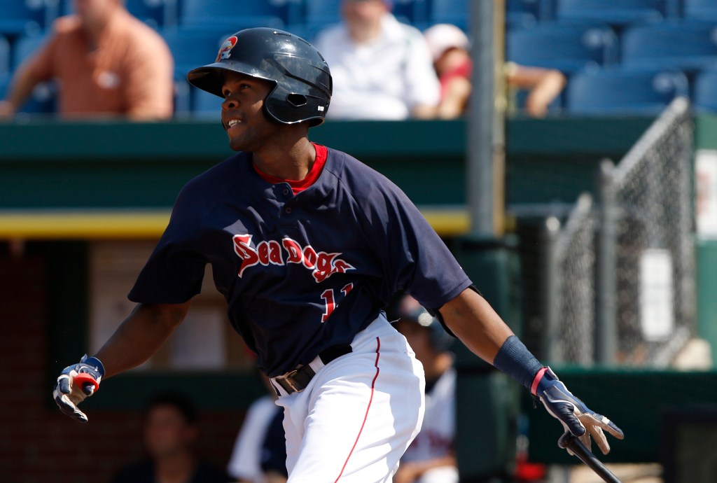 Manuel Margot watches his fifth-inning double, which led to the Sea Dogs’ only run of the game. Portland was held to five hits by three Akron pitchers.
Joel Page/Staff Photographer