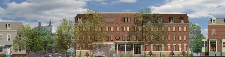 An architect’s rendering shows the affordable housing project proposed for 17 Carleton St. in Portland. The building would have 12 efficiencies, 23 one-bedrooms and two two-bedroom apartments, with efficiencies renting for $540 a month.