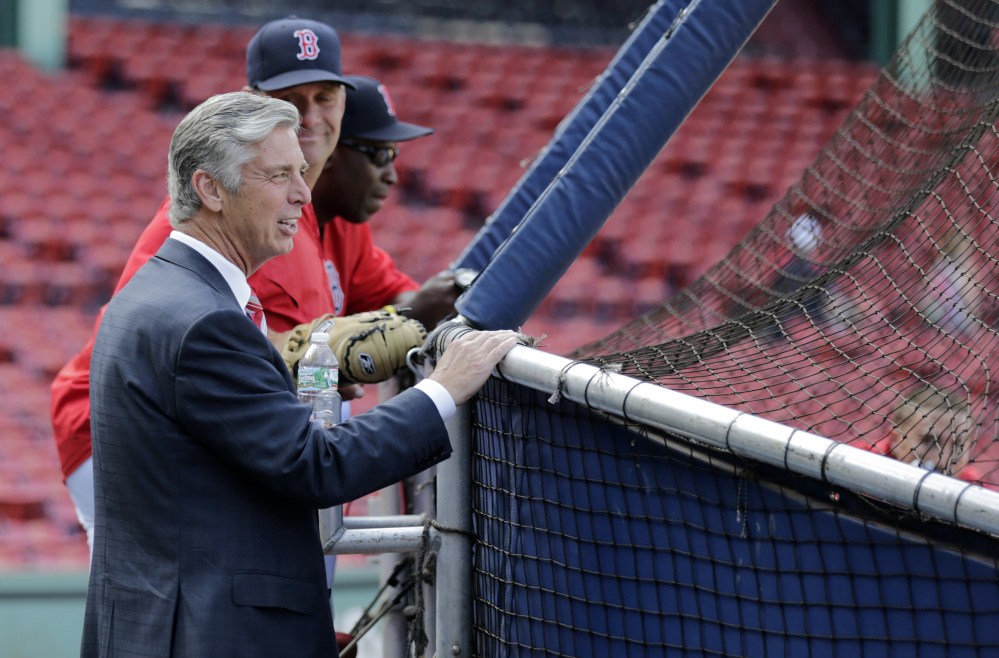 Dave Dombrowski, the Boston Red Sox’s new president of baseball operations, watches batting practice before a game against the Cleveland Indians at Fenway Park in Boston on Wednesday.
