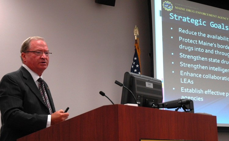 Roy McKinney, director of the Maine Drug Enforcement Agency, speaks at Wednesday's meeting on Maine's drug crisis. He said the National Guard is already working with his agency and he doesn't know how many more guardsmen will be assigned to help gather intelligence on the drug trade.