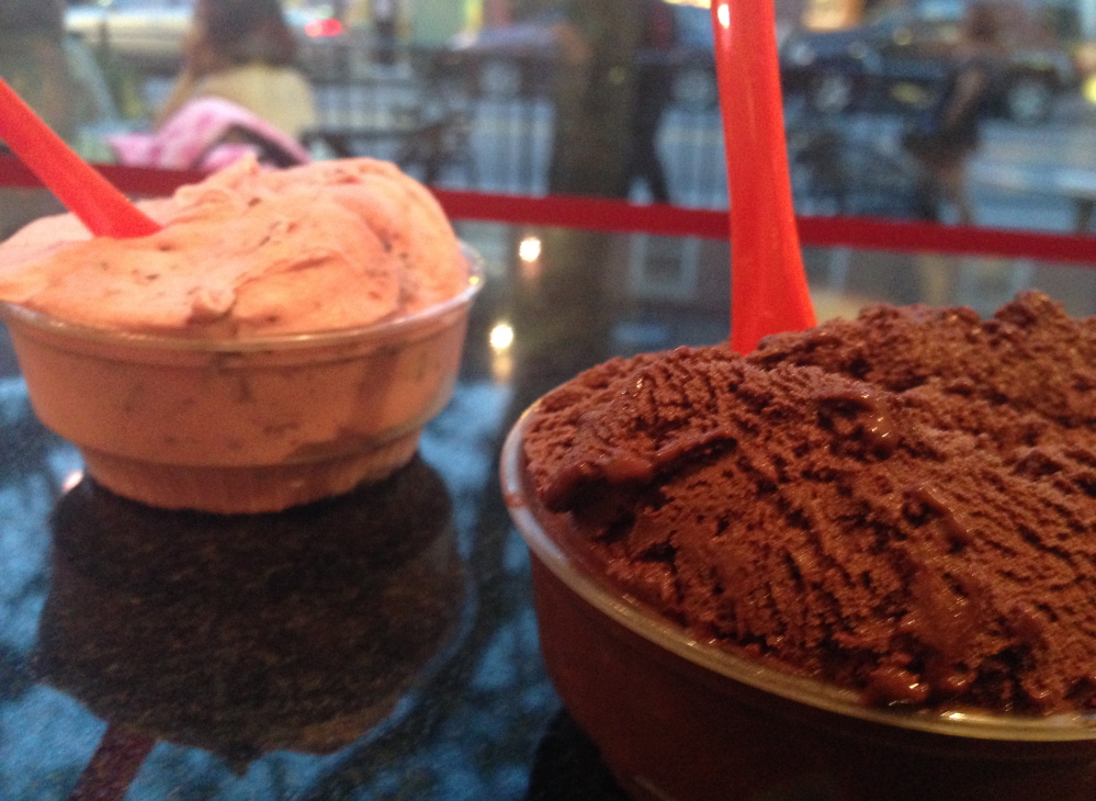 Dark chocolate noir sorbetto and pomegranate dark chocolate chunk sorbetto at Gelato Fiasco’s Portland location.
