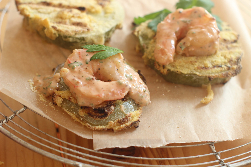 Grilled green tomatoes with shrimp remoulade.