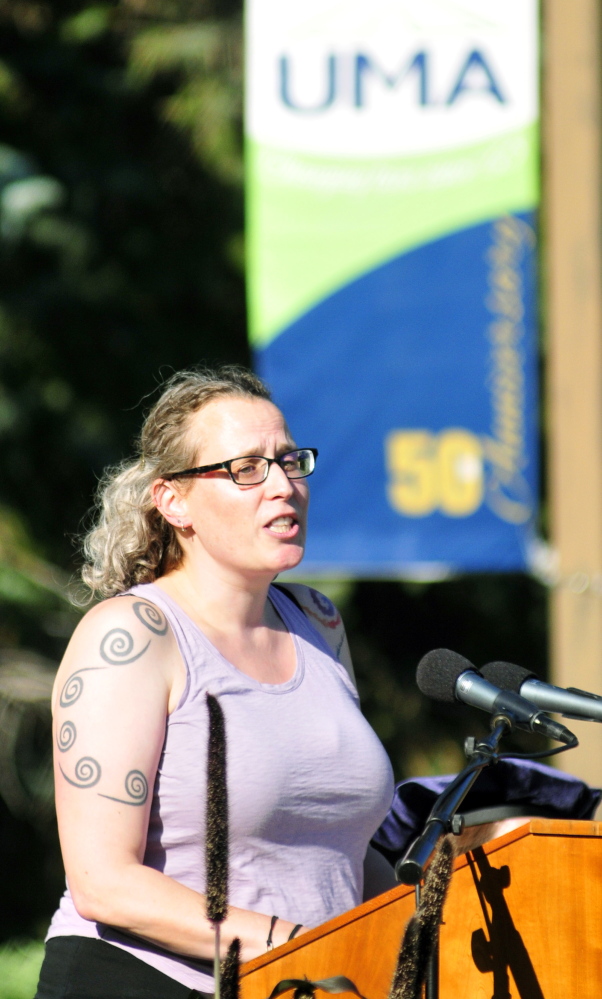 Sarah Hentges, associate professor of American studies at the University of Maine at Augusta, speaks during the convocation Friday at the University of Maine at Augusta.