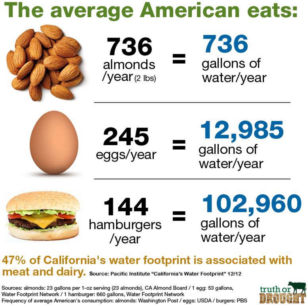 A chart from the grassroots group Truth or Drought compares water usage in the production of three familiar foods.