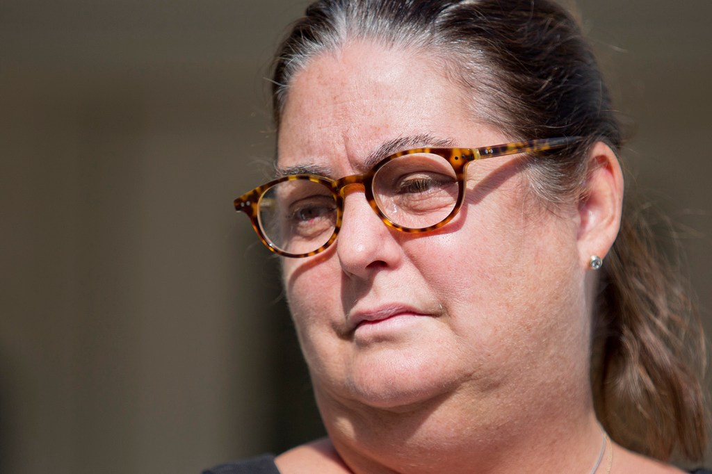 Althea Walker makes a statement in front of her Brunswick home Wednesday, pleading for her daughter Sarah Walker Meade and 5-year old grandson, Joseph Katula, to come home.
Gabe Souza/Staff Photographer
