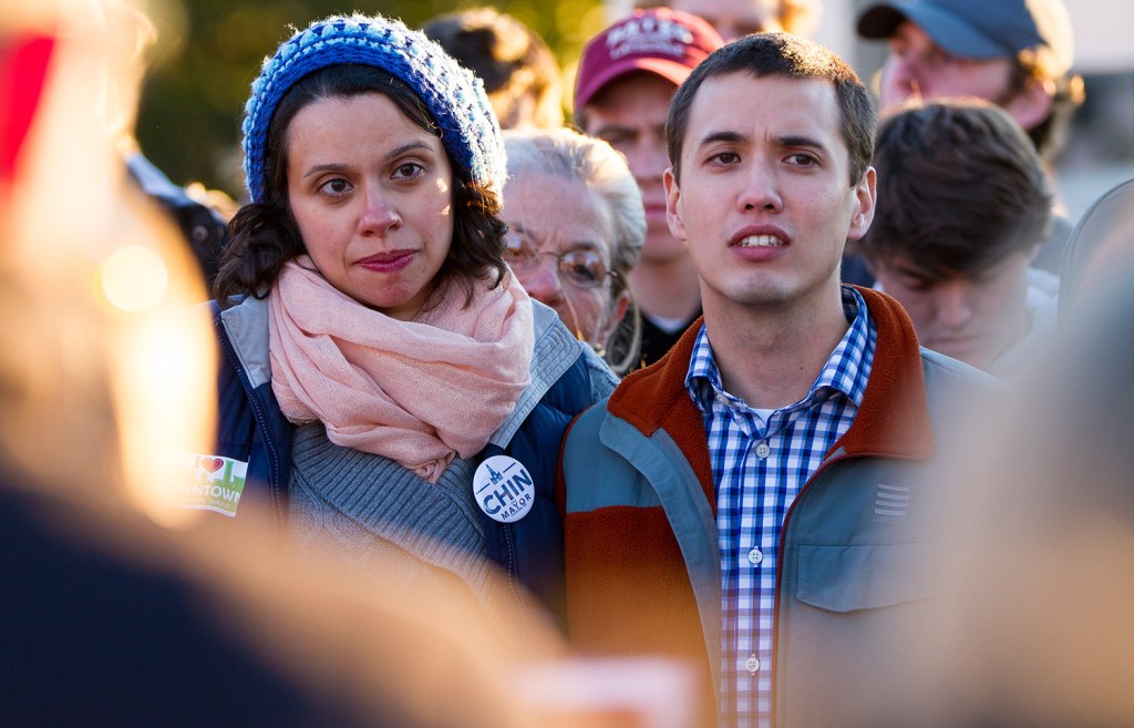 Lewiston mayoral candidate Ben Chin joined Monday's protest against campaign signs targeting Chin. The protesters say the signs are racist and not in character with the city's inclusiveness.
Ben McCanna/Staff Photographer