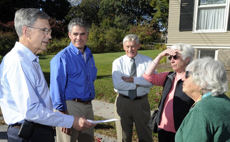 Former U.S. Rep. Tom Allen, left, gathered with Ethan Strimling, Jack Dawson, Anne Pringle and Linda Abromson as the former mayors endorsed Strimling’s bid for mayor Monday.