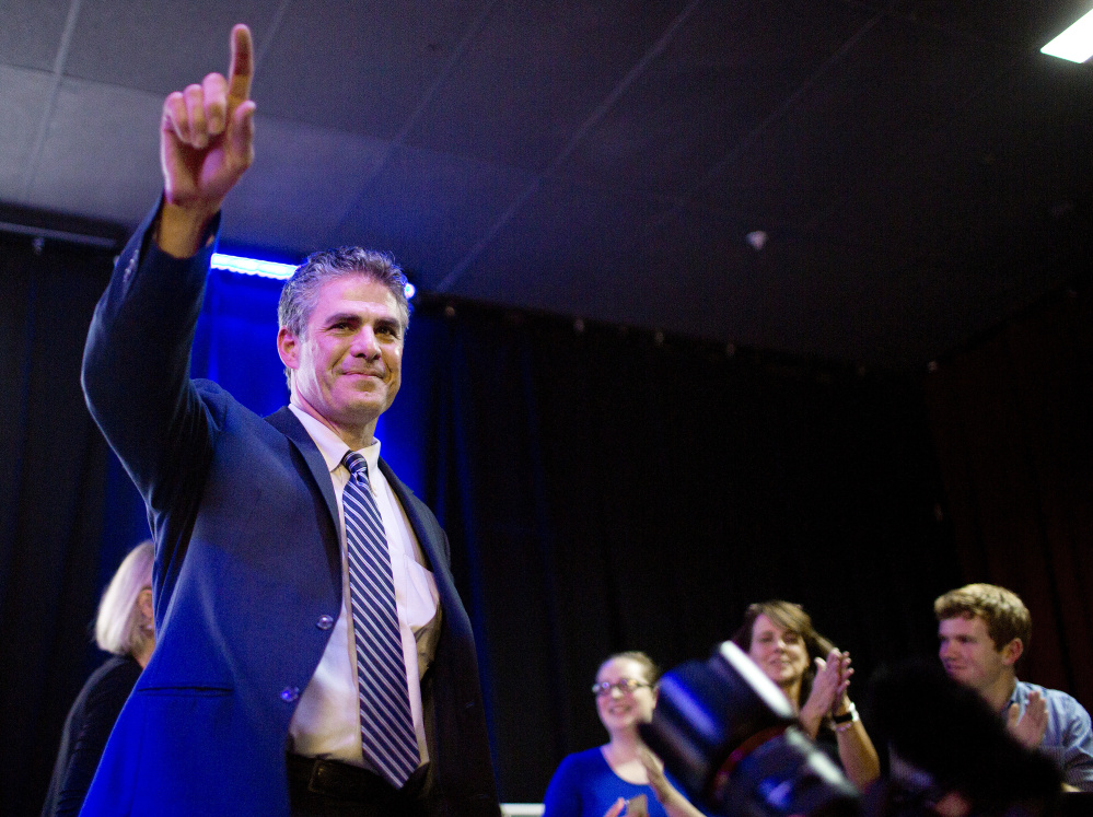 Ethan Strimling celebrates after winning the Portland mayoral race Tuesday.
Gabe Souza/Staff Photographer