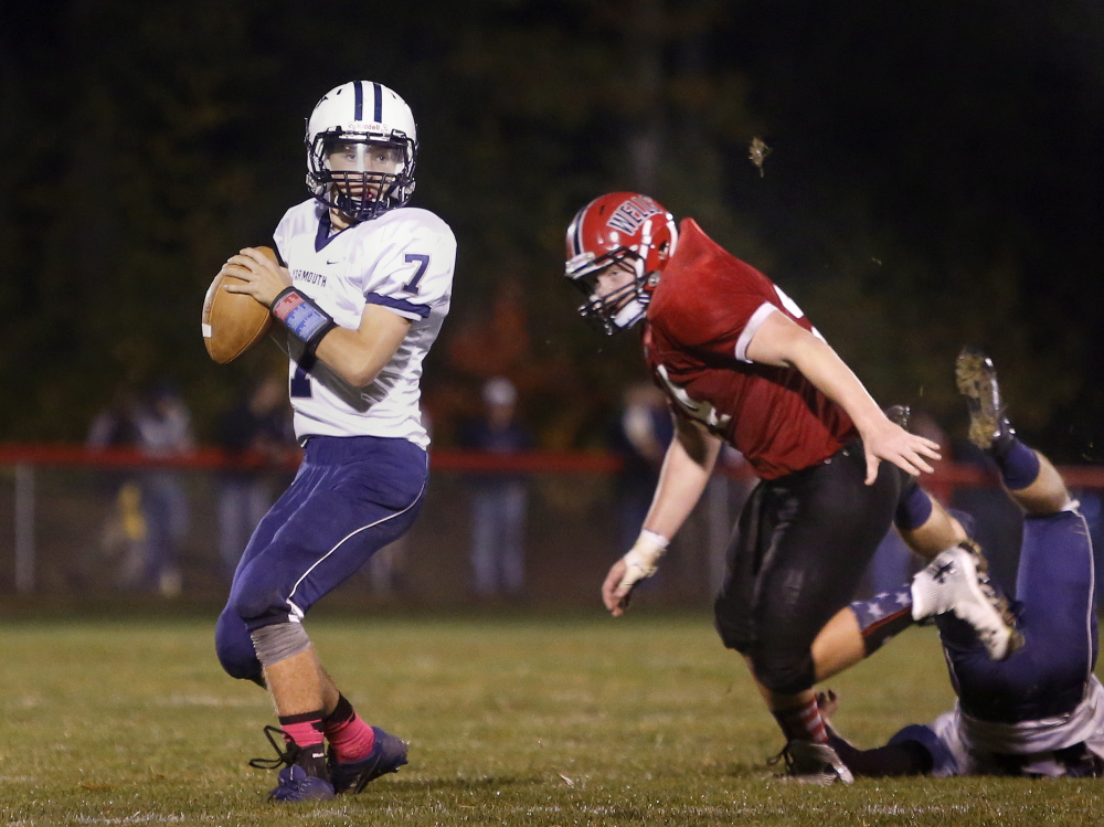 John Thoma and his Yarmouth High teammates had to go to the wire in early October to beat Wells and continue on to a perfect regular season. The stakes will be higher Saturday, with a berth in the Class C state championship game on the line. Derek Davis/Staff Photographer