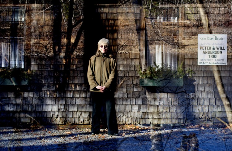 Pat Packard, 78, helped transform a former Grange hall into the Saco River Theatre, a center of arts and culture along the river in Bar Mills. She also has been a key player in the theater operation for 25 years. This double exposure shows Packard and the theater, combined with an image of the Saco River.
Gabe Souza/Staff Photographer