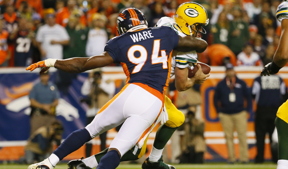 New England’s Tom Brady won’t have to worry about the menacing presence of Denver’s outside linebacker DeMarcus Ware, one of the NFL’s all-time sack leaders who will be sidelined for Sunday’s game.