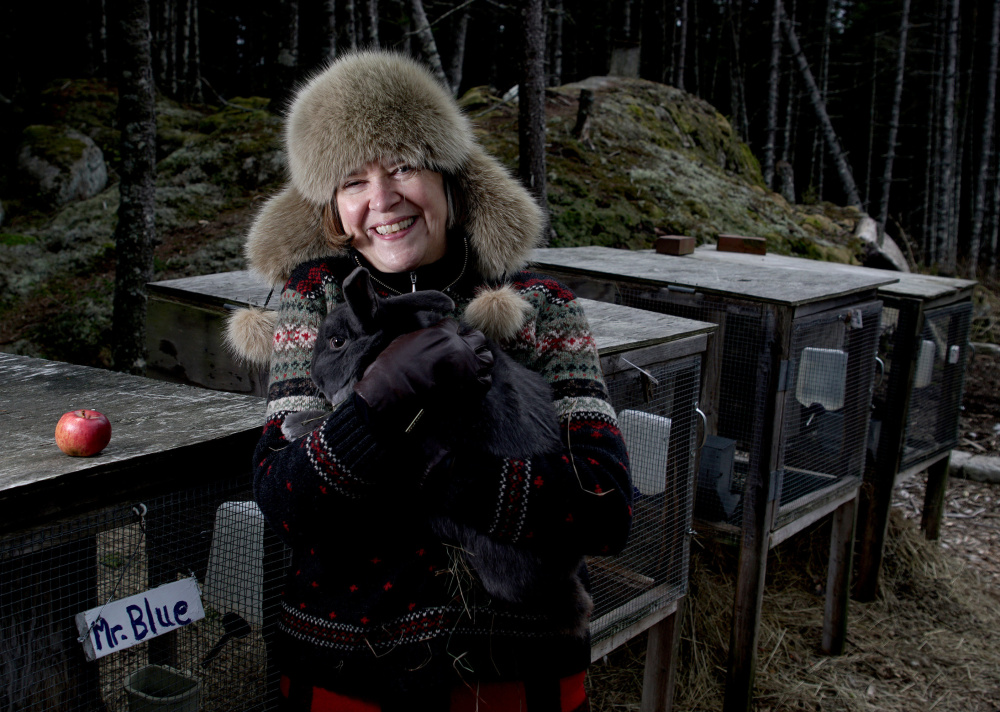 Cheryl Wixson with one of her rabbits at Rabbit Hill, her farm in Stonington.