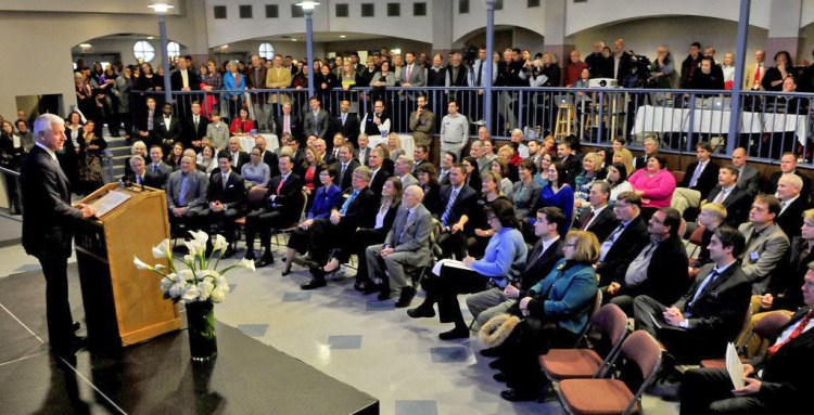 William C. Robichaud Sr., founder, president and CEO of Collaborative Consulting, announces his company's plan to open a facility in Waterville.  David Leaming/Morning Sentinel Staff Photographer 
