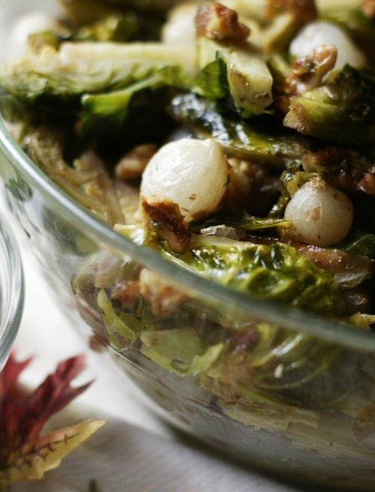Brussels sprouts with carmelized pearl onions and maple syrup.