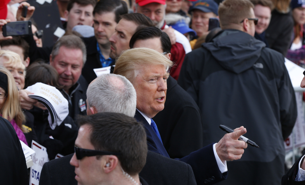 Republican presidential candidate Donald Trump appears during a campaign event at Dubuque Regional Airport on Saturday in Dubuque, Iowa.