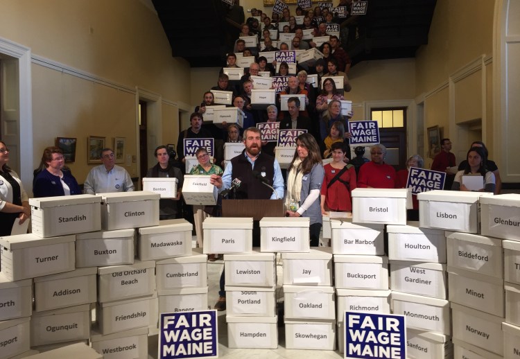 Advocates of a higher minimum wage hold a news conference in January announcing the filing of more than 75,000 petition signatures to put a proposal on the November ballot to raise Maine's minimum wage to $12 an hour by 2020.
Kevin Miller/Staff Writer