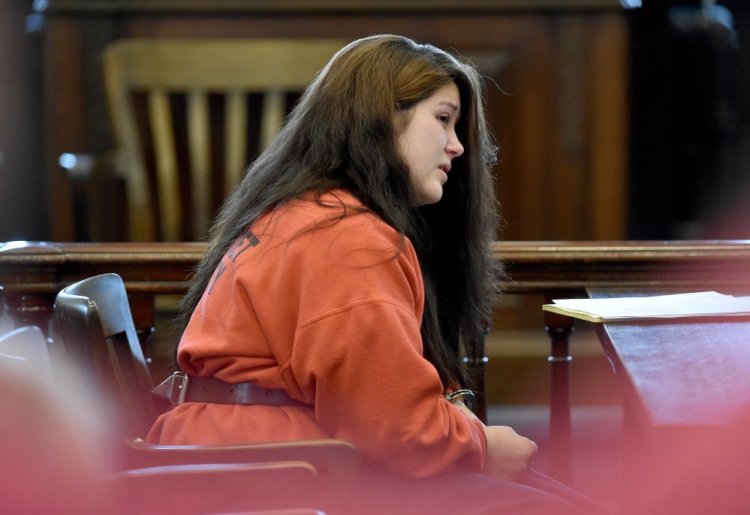 Kayla Stewart becomes emotional as Judge Robert Murray listens to arguments in a hearing in Somerset County Superior Court in Skowhegan in February. Stewart was indicted Wednesday by a grand jury.