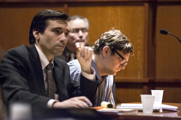 Noah Gaston of Windham listens as Justice Michaela Murphy denies him bail during a hearing at the Cumberland County Courthouse in Portland on Tuesday. Gaston is accused in the killing of his wife, Alicia Gaston. At left is his attorney, Luke Rioux.