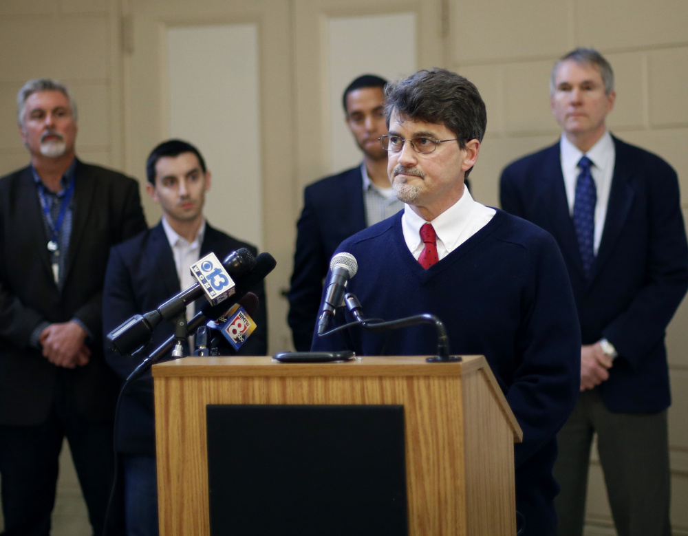 Norman Maze Jr., housing director for Shalom House, speaks at the press conference on an agreement with the landlord who is evicting tenants from 24 units on Grant Street. Seven tenants who are still looking for homes get housing vouchers from Shalom House, a nonprofit that helps people with mental illness.