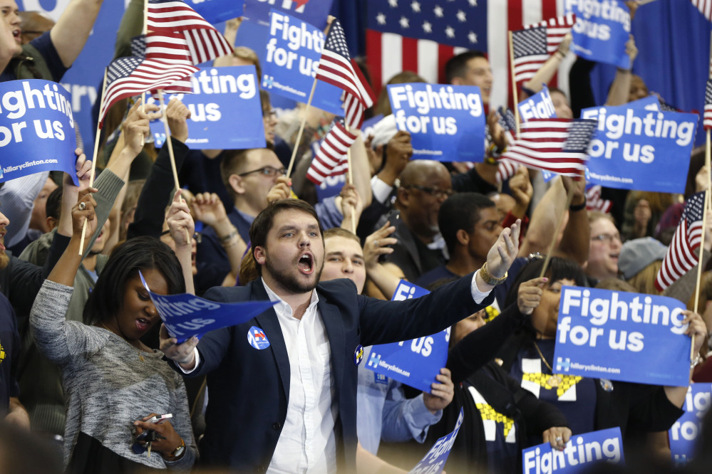 Democratic presidential candidate Hillary Clinton speaks to supporters at her election night watch party for the South Carolina Democratic primary in Columbia, S.C., on Saturday.