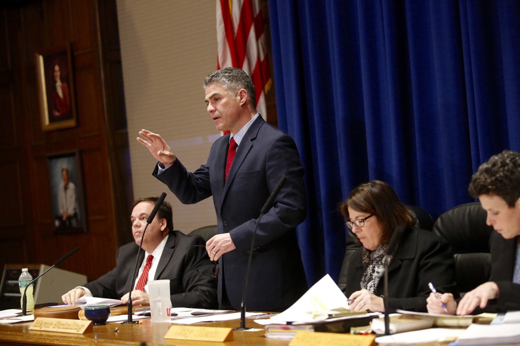 Portland Mayor Ethan Strimling speaks at Wednesday's City Council hearing and vote on the fate of a historic waterfront building at the Portland Co. site.