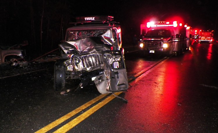 Emergency crews at the scene of a fatal crash in Pittsfield. A Corinna woman riding in the Jeep was killed in the crash Saturday. Photo courtesy Maine State Police