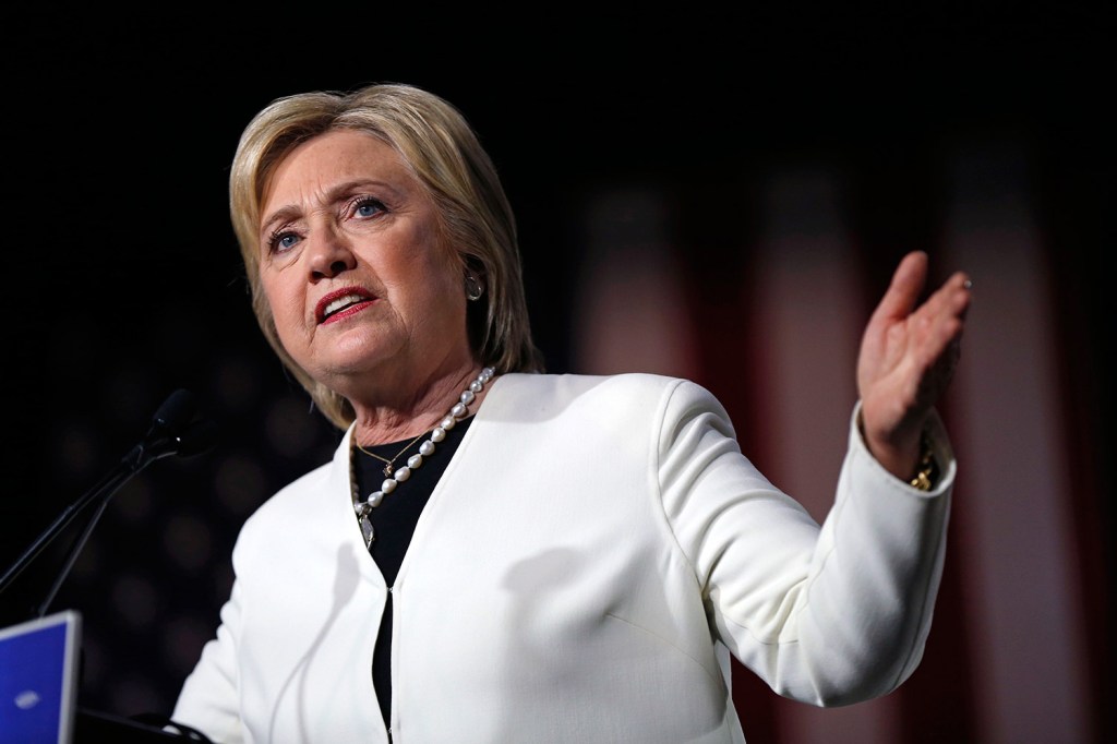 Hillary Clinton addresses supporters at her Super Tuesday night rally in Miami.